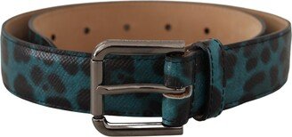 Blue Green Leopard Print Logo Metal Waist Buckle Women's Belt
