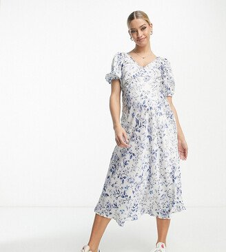 New Look Maternity satin tie back midi dress with puff sleeves in blue floral