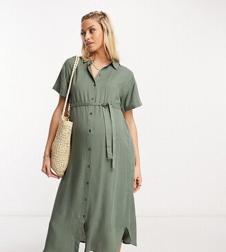 Vero Moda Maternity t-shirt midi dress with tie belt in green