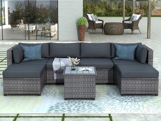 GEROJO Gray 7-Piece Rattan Outdoor Furniture Set, Sectional Sofa with Cushions and Coffee Table, Resistant to Water and UV Rays