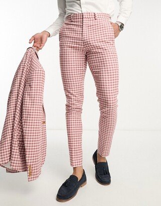 skinny suit pants in linen mix in gingham in pink