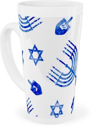 Mugs: Watercolor Hanukkah Menorah, Dreidel, Star Of David - Blue Tall Latte Mug, 17Oz, Blue