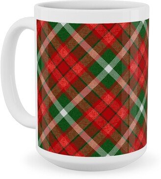 Mugs: Christmas Plaid - Red And Green Ceramic Mug, White, 15Oz, Red