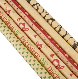 Juvale 6 Roll Christmas Kraft Gift Wrapping Paper, Xmas Holiday Gift Wrap, 6 Designs, 30 x 120 in