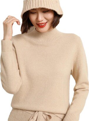 Generic 100% Pure Merino Wool Mock Neck Pullover Sweater for Women Solid Color Thickened Cashmere Jumper Khaki XL