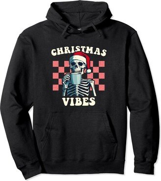 Retro Christmas Vibes Skeleton Drinking Coffee Retro Funny Holiday Skeleton Drinking Coffee Christmas Vibes Pullover Hoodie