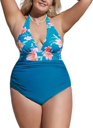 Women's Faded Mykonos Blooming Shirred Plus Size One Piece Swimsuit