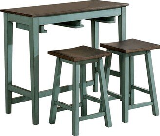 3 Piece Bar Table Set with Contoured Seat, Antique Blue and Brown