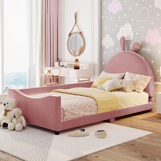 Joliwing Twin Size Kid Bed,Upholstered Rabbit Ear Shaped Platform Bed,Pink