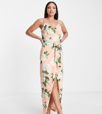 Liquorish Tall satin wrap maxi dress with belt in peach rose print