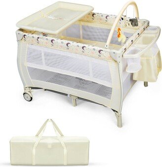 Portable Foldable Baby Playard Playpen Nursery Center w/ - Beige - 40'' x 28.5'' x 41''