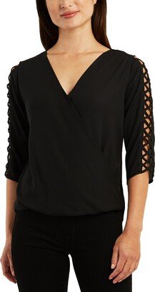 Juniors' Surplice V-Neck Latticed 3/4-Sleeve Top