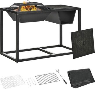 4-in-1 Fire Pit, BBQ Grill, Ice Bucket, Garden Table, with Cooking Grate, Log Grate & Waterproof Cover, Fireplace with Spark Screen & Poker
