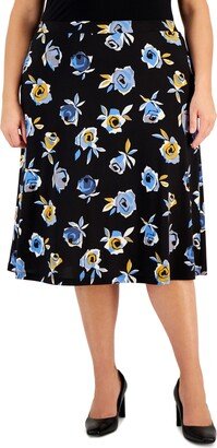 Plus Size Pull-On Floral Midi Skirt