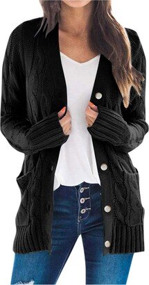 Generic Womens Solid Color Cardigan Long Sleeve Pockets Open Front Knit Sweaters Coat Q479 (Black