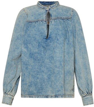 Gathered Loose Long Sleeved Denim Blouse