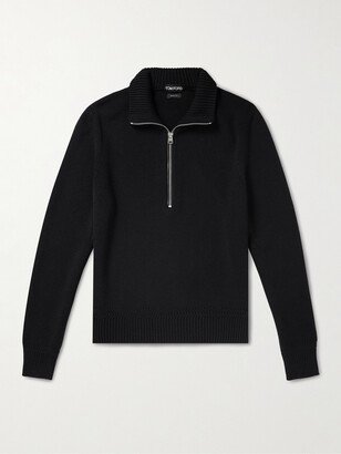 Ribbed Merino Wool and Silk-Blend Half-Zip Sweater-AA