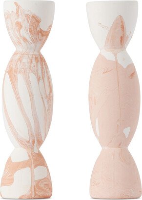 Beige & White Double Totem Candle Holder Set