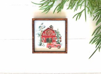 Wood Framed Miniature Sign | Tiered Tray Décor Handmade in U.s.a. Ornament Option - Snowy Red Barn Christmas Folk Art