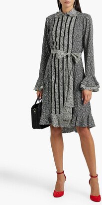 Mikael Aghal Lace-trimmed ruffled printed crepe de chine dress