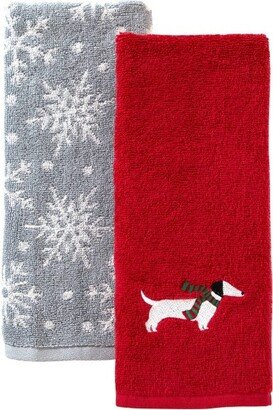 2pc Snow Many Dachshunds Hand Towel Set Red