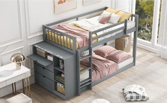 Twin over Twin Bunk Bed with Attached Cabinet and Shelves Storage