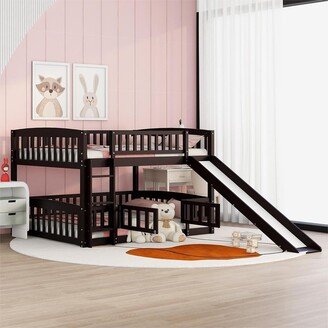 IGEMAN Bunk Bed with Slide, Full Over Full Low Bunk Bed with Fence and Ladder for Toddler Kids Teens, Espresso