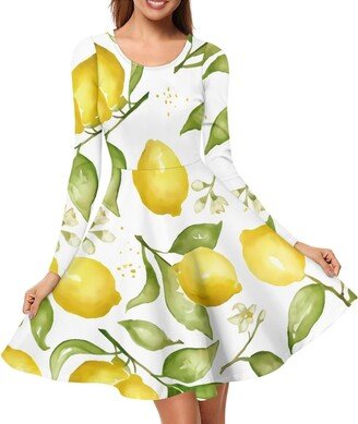 LedBack Fresh Lemon Dresses Women's Dress Long Sleeve Dress A-Line Skirt Fashion Dress Round-Neck Full Size