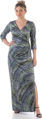 24seven Comfort Apparel 24seven Cofort Appare Greenn Faux Wrap Side Slit Plus Size Maxi Dress-Multi-M