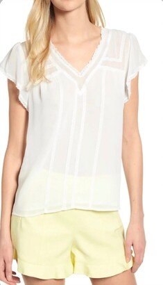 Short Sleeve V-Neck Blouse W/ Lace Trim Blouse In Ecru