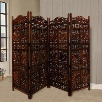 Hand Carved Sun And Moon Design Foldable 4 Panel Wooden Room Divider, Brown