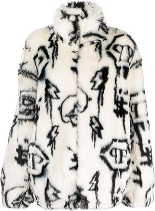 Monogram-Print Faux Fur Coat