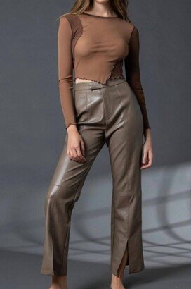 Slit Front Faux Leather Pants In Chocolate Brown