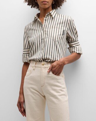 Stripe Poplin Blouse with Monili Pocket Tab