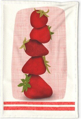 Vintage Fruit Tea Towel - Strawberry Stack By Mindyarmourdesigns Pink Green Red Retro Spring Linen Cotton Canvas Spoonflower