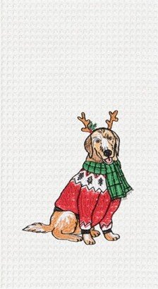 Reindeer Dog Embroidered & Waffle Weave Kitchen Towel