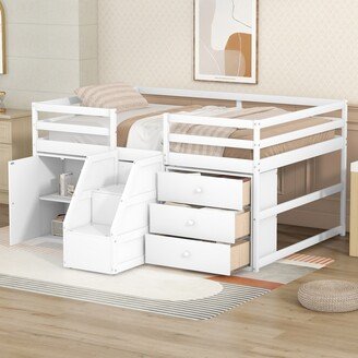 IGEMAN White Full Size Wood Functional Loft Bed with Cabinets and Drawers, Hanging Clothes at the back of the Staircase