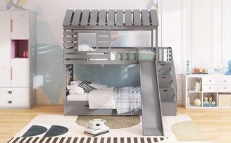 Twin over Twin House Bunk Bed with Trundle and Slide, Storage Staircase