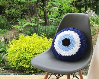 Middle Evil Eye Pillow, Crochet Decorative Pillows, Round Plush Stuffed Throw Good Luck Charm, Housewarming Gift