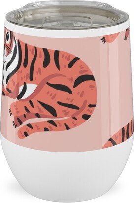 Travel Mugs: Jungle Tigers - Blush And Coral Stainless Steel Travel Tumbler, 12Oz, Pink