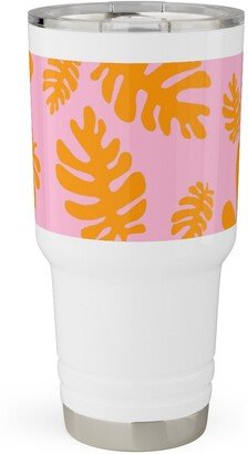 Travel Mugs: Funky Tropical Leaf - Orange And Blush Travel Tumbler, 30Oz, Pink