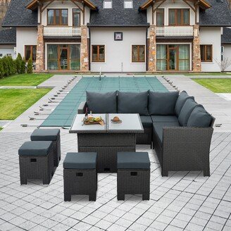 GEROJO Dark Gray 8-Piece Dark Grey PE Wicker Furniture Set with Tempered Glass Coffee Table, Outdoor Patio Furniture Ensemble