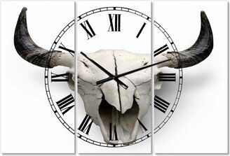 Designart White Cow Skull with Black Horns Oversized Farmhouse 3 Panels Wall Clock - 38