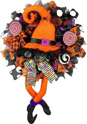 Halloween Witch Hat & Legs Wreath Adorned With Handmade Lollipops, Ball Ornament, Bow. Front Door Decorations For Outside