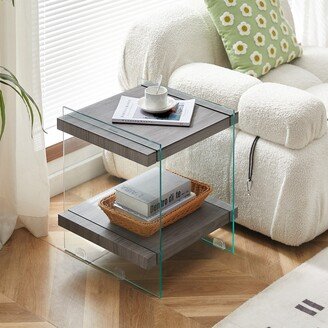 Siavonce Sleek Tempered Glass Leg Side Table with Dual MDF Shelves - 17.72
