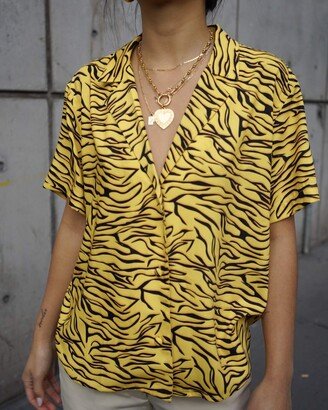 Women's Yellow Animal Print Button Down Shirt