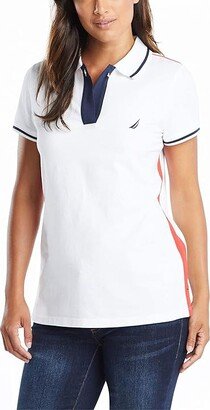 Women's Toggle Accent Short Sleeve Soft Stretch Cotton Polo Shirt (Bright White) Women's Clothing