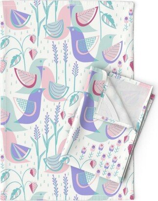 Retro Birds Tea Towels | Set Of 2 - Rainy Garden By Landmink Scandinavian Lavender Mod Strawberries Linen Cotton Spoonflower