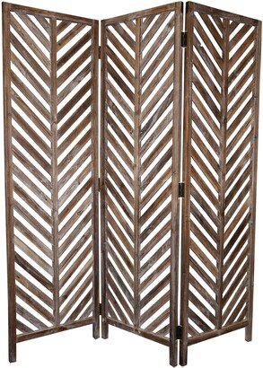 3 Panel Foldable Wooden Screen with Herringbone Pattern, Brown