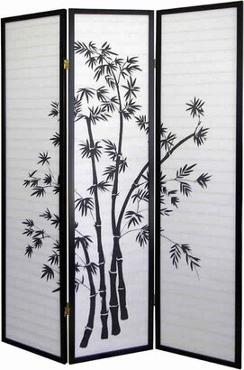 Wood and Paper 3 Panel Room Divider with Bamboo Print, White and Black